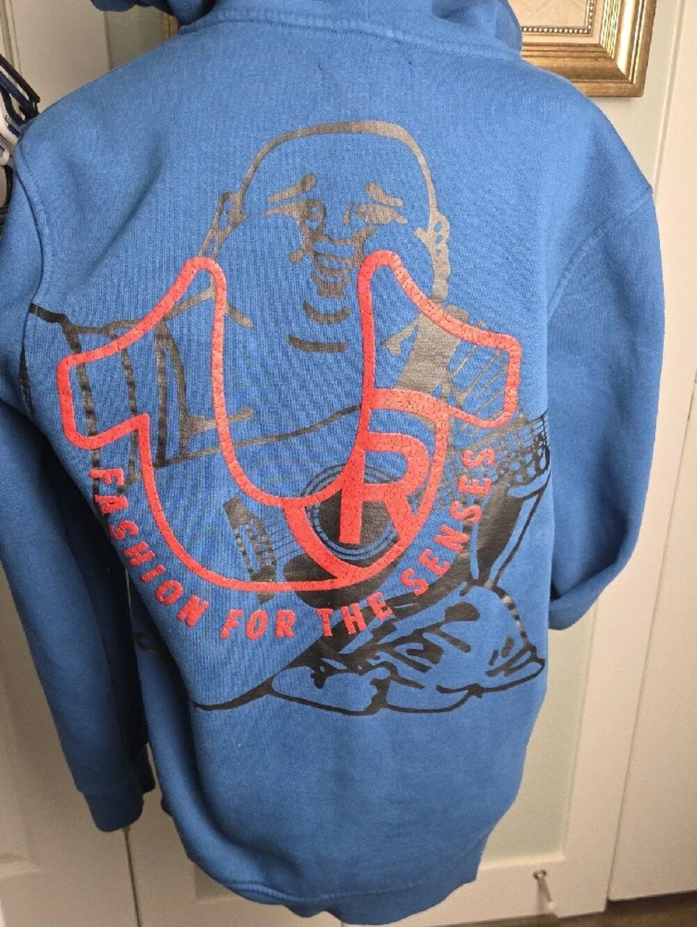 True Religion Royal Blue Full-Zip Hoodie with Red Logo Mens Medium